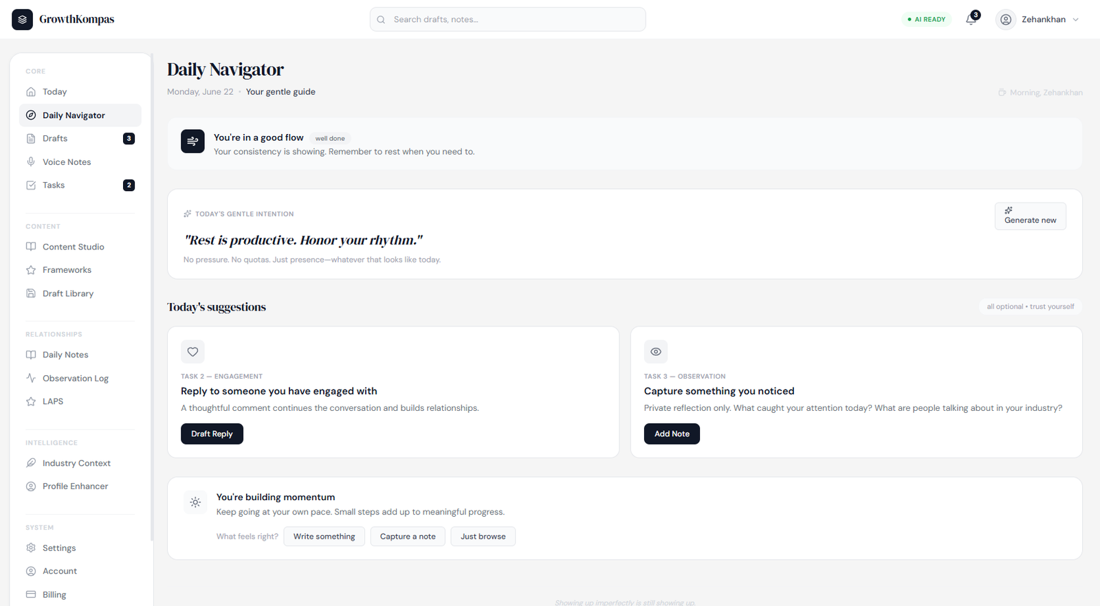 GrowthKompas Daily Navigator screen